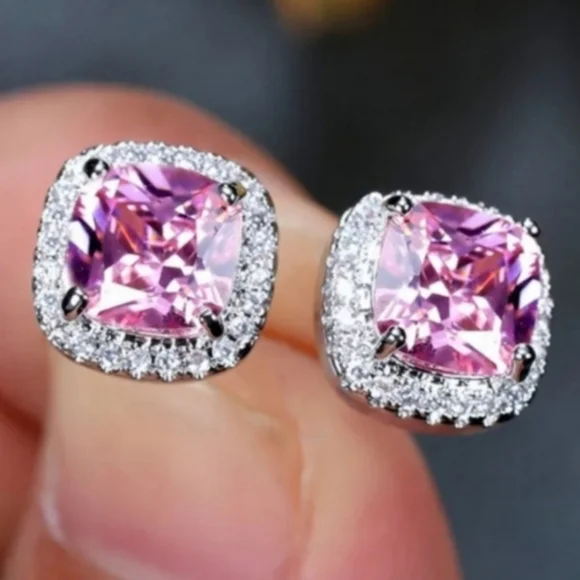 Halo Cushion Cut CZ Elegant Pink and Silver Stud Earrings - Picture 5 of 5